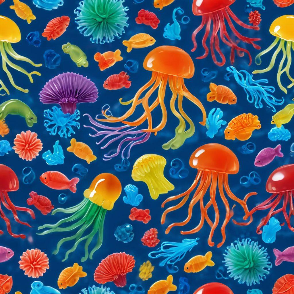 A colorful array of various gummy candies arranged in a whimsical underwater scene, featuring jelly fish, vibrant coral reefs made of gummy bears, and playful sea creatures diving through a sea of gummy worms. The scene is lively, with bright, captivating colors that evoke a sense of fun and joy. Ideal for attracting candy lovers and sparking nostalgia. super-realistic. vibrant colors. playful atmosphere.