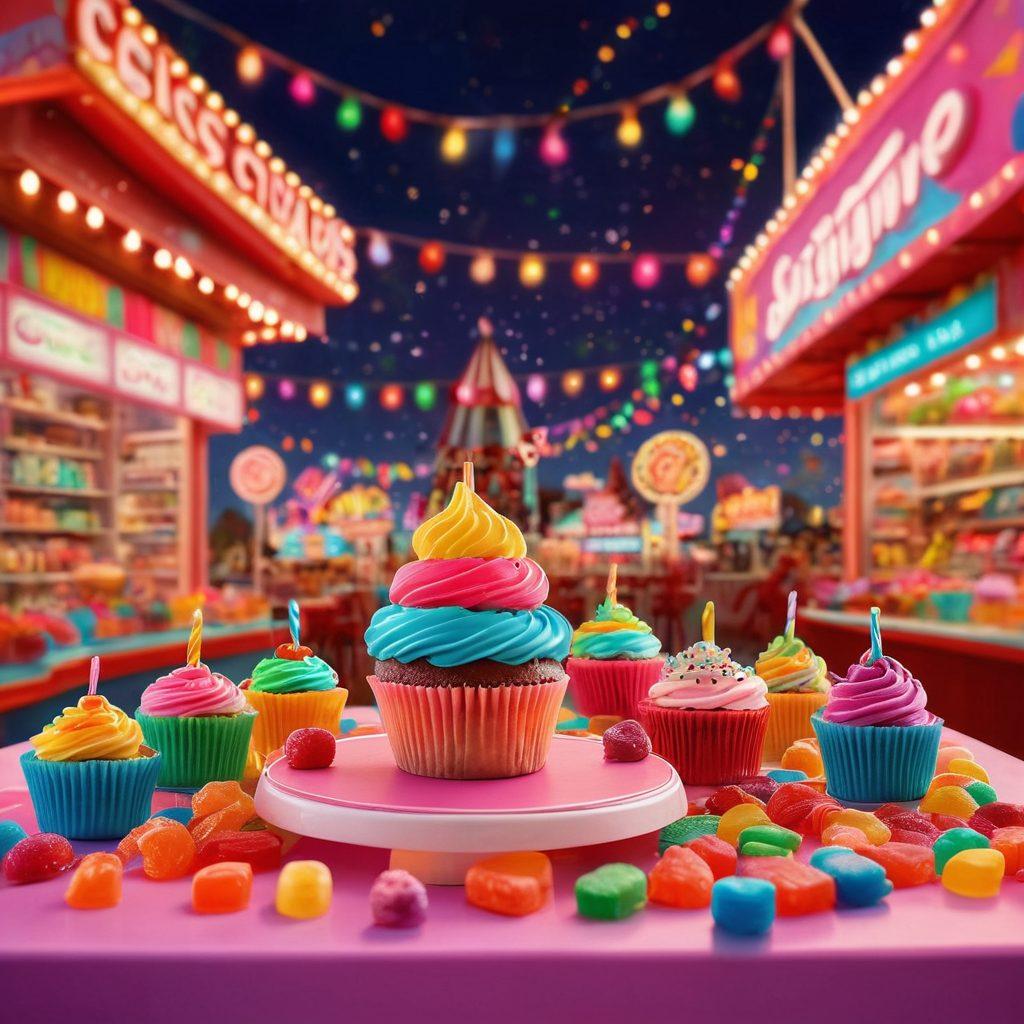 A whimsical, vibrant scene filled with glowing neon snacks like candy, cupcakes, and gummies, showcased on a colorful table. The background features a fun carnival atmosphere with lights and playful decorations, enhancing the joyful experience. Include children enjoying the treats, showcasing expressions of delight and laughter. The overall aesthetic should feel lively and enchanting. neon colors. 3D. vibrant colors.