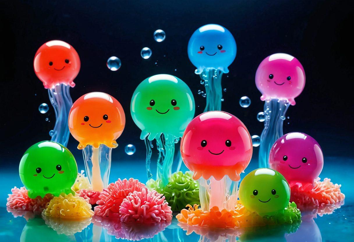 A colorful assortment of neon jelly desserts, each shaped like whimsical characters, surrounded by a dreamy underwater scene filled with bubbles and glowing coral. The jellies are sparkling with vibrant shades of pink, blue, and green, creating an enchanting atmosphere that invites exploration. Subtle light rays cut through the water, adding a magical touch to the scene. super-realistic. vibrant colors. whimsical style.